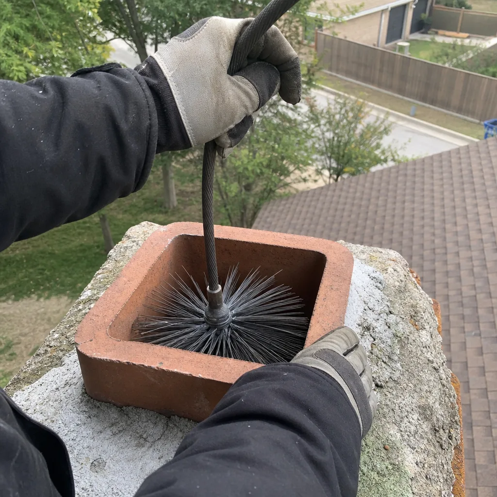 Professional chimney sweep cleaning a residential brick chimney flue