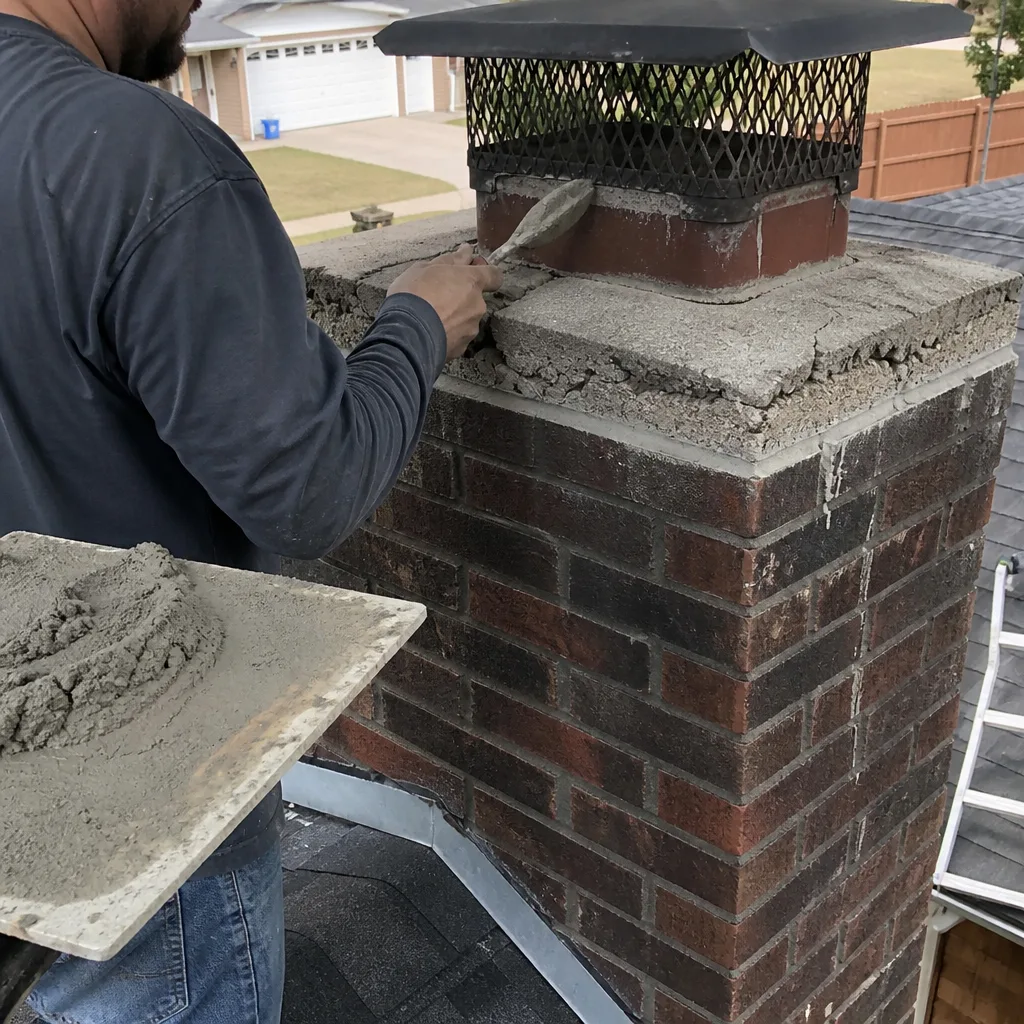 Technician repairing brick chimney crown with mortar and trowel