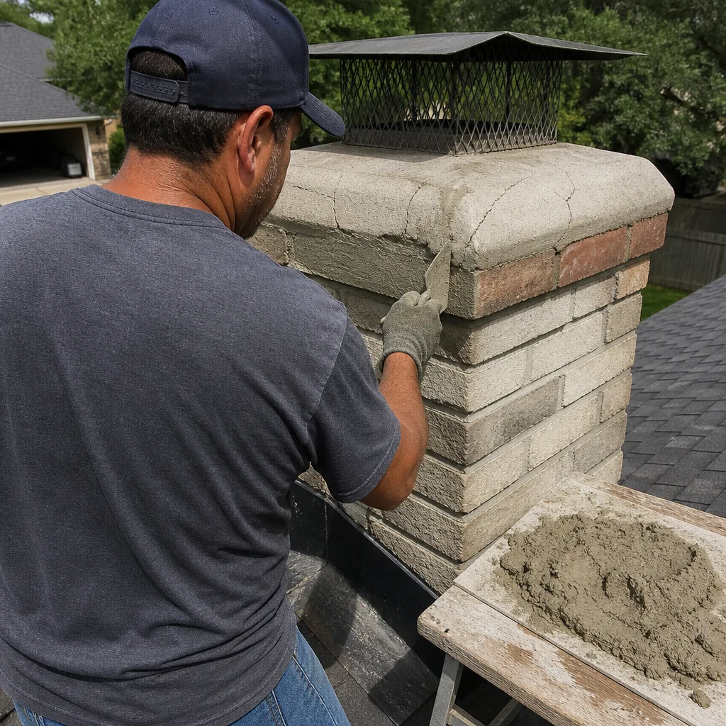 A professional repairing a brick chimney crown with mortar on a roof.