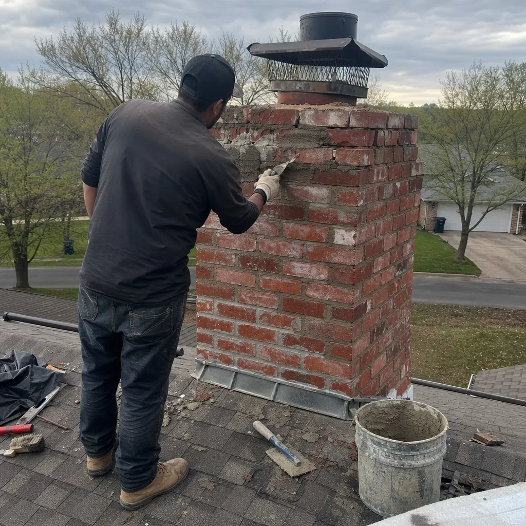 Professional contractor performing chimney masonry repair and tuckpointing on a rooftop