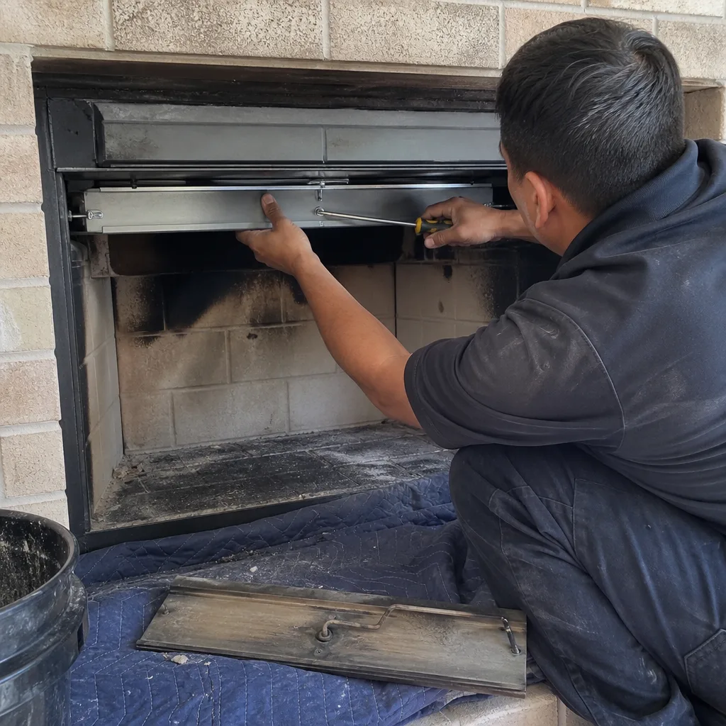 Technician performing professional fireplace damper repair and chimney maintenance service