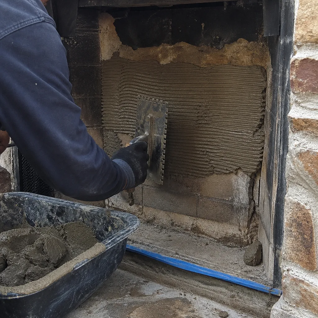 professional applying mortar to fireplace with a notched trowel