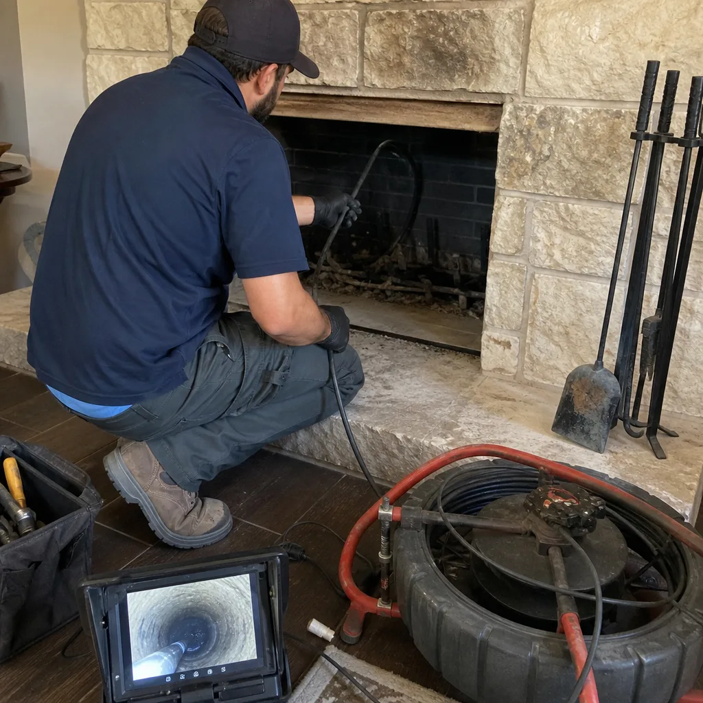 Technician using video camera inspection system to inspect residential fireplace chimney